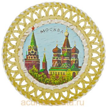 Сувенирная тарелка из бересты с ручной росписью купить в Москве.