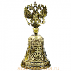 Сувенирный колокольчик герб России, цвет бронза.