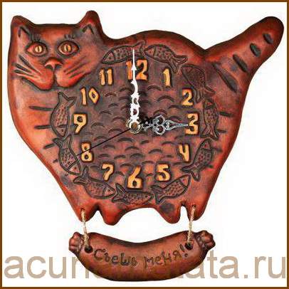 Часы настенные из глины " Кот с сосиской".